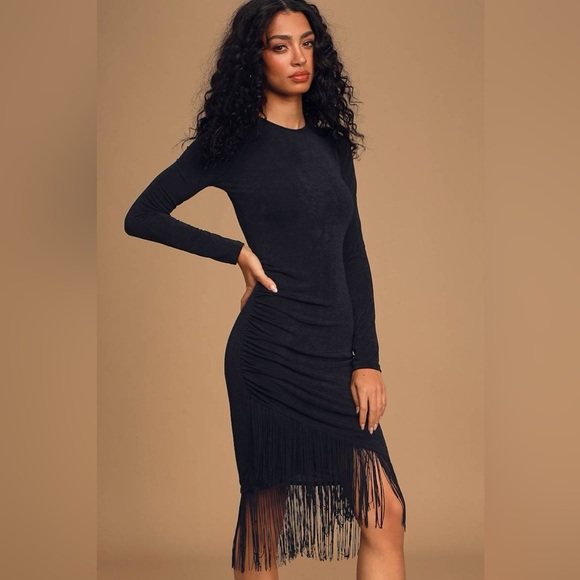 NWT Lulus Out For the Evening Black Fringe Long Sleeve Bodycon Dress size Small - Picture 3 of 13